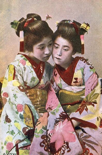 Japanese Geisha Sisters In Lavishly Patterned Kimonos Date
