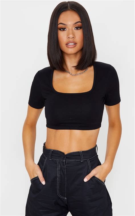 Black Cotton Square Neck Short Sleeve Crop Top Prettylittlething Usa