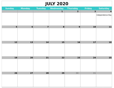 July 2020 Fillable Calendar With Large Space Notes Printable Template Hub