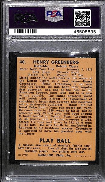 Lot Detail 1940 Play Ball Hank Greenberg 40 Psa Authentic Autograph