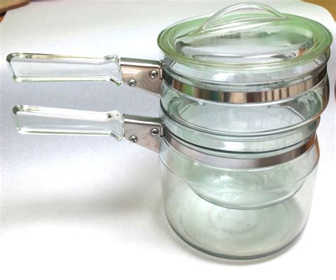 Fabulous Vintage 1950s Pyrex Clear Glass Double Boiler Two Pots With Lid Vintage Pyrex Glass