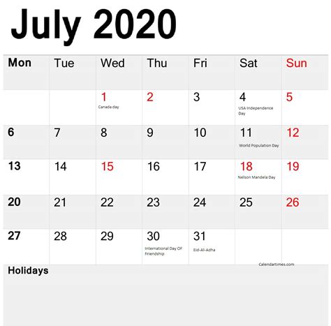 July 2020 Calendar With All Holidays