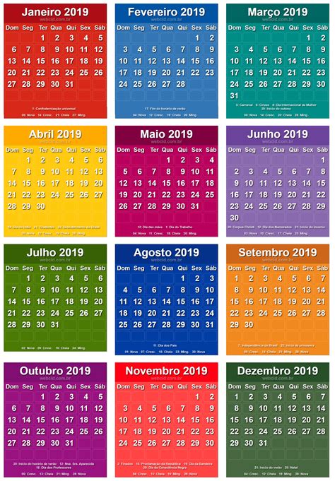 Calendário 2019 Colorido Para Imprimir Planeje Seu Ano Com Estilo