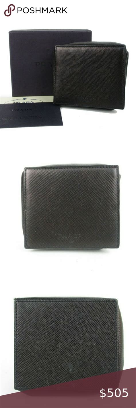 Auth Prada Logos Saffiano Leather Coin Purse Change Wallet Black