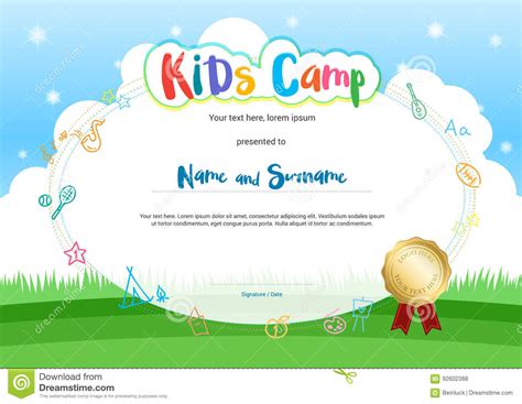 Kids Summer Camp Diploma Or Certificate With Cartoon Style