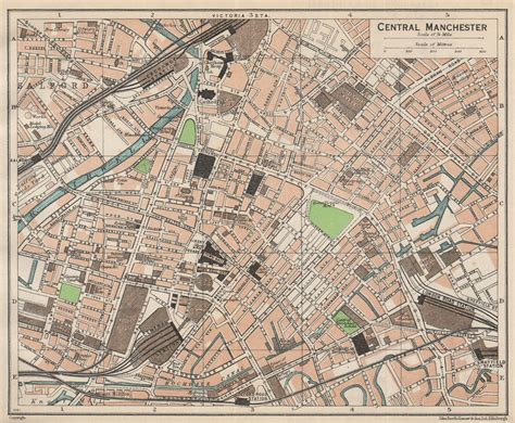 Central Manchester Vintage Town City Map Plan Lancashire 1950 Old