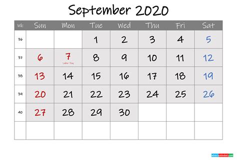 September 2020 Calendar Printable With Holidays