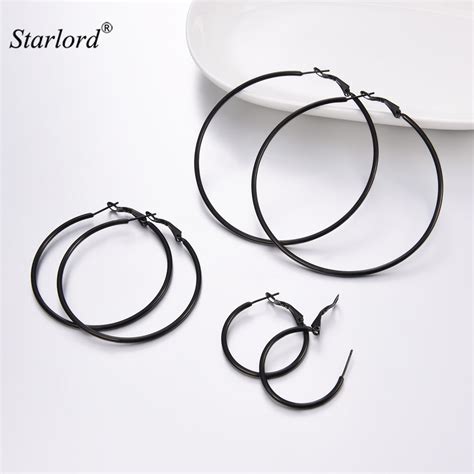 Black Hoop Earrings Small Medium Big Size 30 50 70mm Gold Stainless Steel Simple Circle Hoop