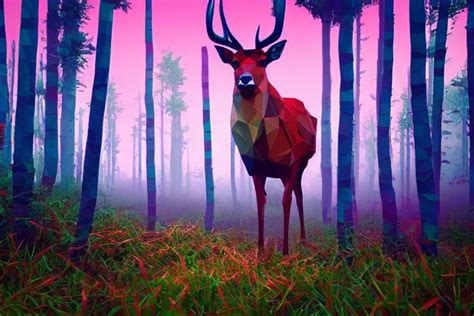 Krea Super Detailed Color Lowpoly Art Red Deer In An Undergrowth