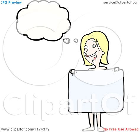 Cartoon Of A Nude Blonde Woman With A Sign And A Conversation Bubble Royalty Free Vector