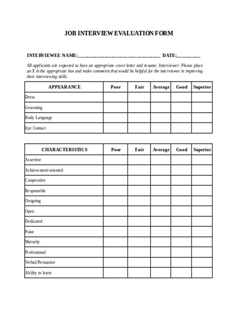Free Interview Evaluation Forms In Pdf Ms Word Excel Images