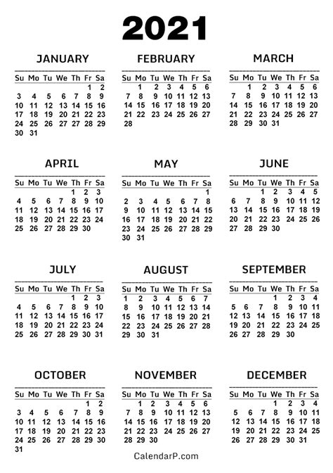 How to make a 2021 yearly calendar printable. 2021 Calendar, Printable Free, White - Sunday Start ...