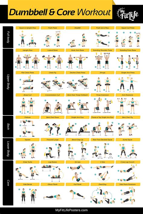 My Fit Life Gym Dumbbell And Core Workout Poster Laminated Illustrated Guide With 40 Exerci
