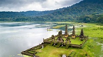 Aerial view of hindu temple ruins of Pura Hulun Danu at the Tamblingan ...