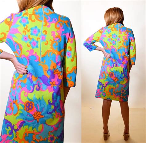 1960s authentic vintage psychedelic hippie groovy patterned 3 4 length a line dress women s size