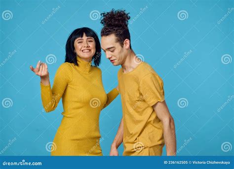 Kinky Guy And Girl Together Friendship Fun Blue Background Stock Image Image Of Friends