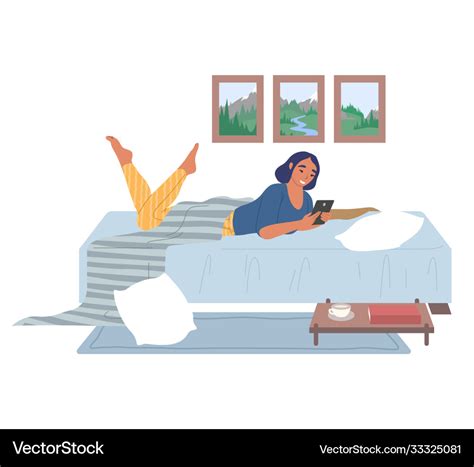 Young Woman Lying On Bed With Mobile Phone Vector Image