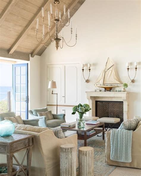 Gorgeous Blue And Beige Cottage Living Room Is Illuminated