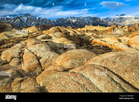 Granite Boulder With Sierra Nevada Mountain Range In Background Lone