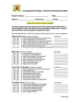 Occupational Therapy - Teacher Screening Checklist by Achieve Kids