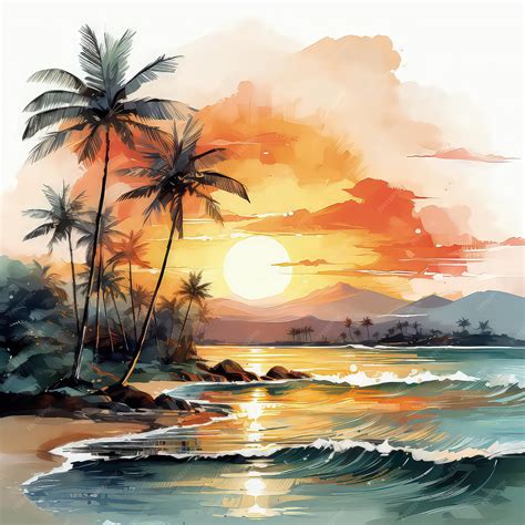 Premium Ai Image Watercolor Tropical Sunset
