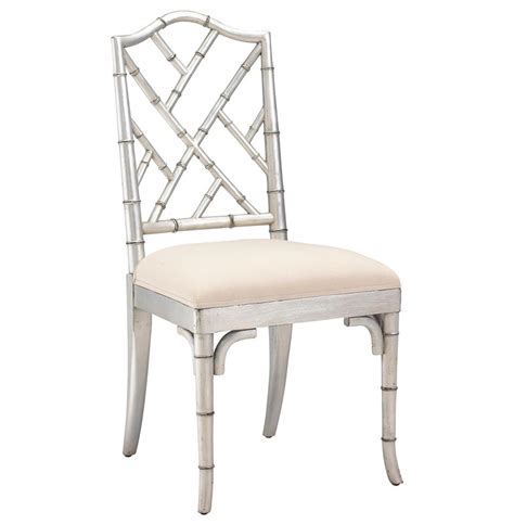 The top of the outdoor dining chairs are finished with synthetic rattan, they are easy clean and waterproof, and easy. Chinese Chippendale Hollywood Regency Silver Bamboo Dining Chair