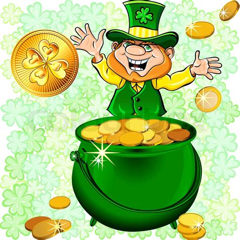 Vektor St Patrick s Day glücklich Kobold mit einem Topf mit gold