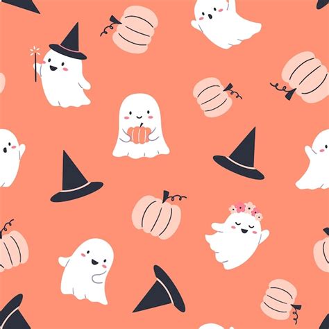 Premium Vector Halloween Seamless Pattern With Cute Ghost Characters