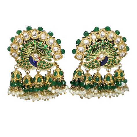 Buy Qyra Peacock Pattern Gold Plated Green Color Minakari Earrings For