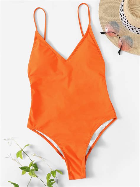 Neon Orange Lace Up Backless One Piece Swimsuit Romwe