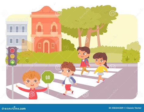 Kid With Traffic Sign And Children Cross Pedestrian Crossing Vector