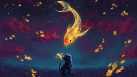 Cartoon Cat Goldfish Artwork Clouds Clocks Wallpapers Hd Desktop