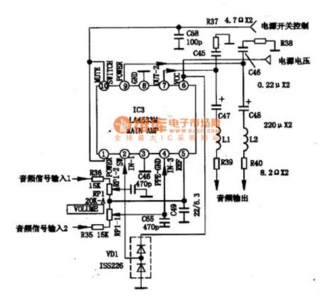 The integrated circuit diagram of two-channel audio power ...