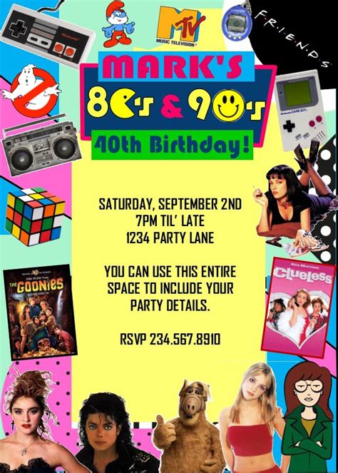80s style placard party invitation 90s music elements radio boombox recent vector template for design projects. 80's AND 90's Party Invitation - EDITABLE — PartyGamesPlus