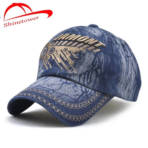 Shinetower Washed Denim Cotton Baseball Cap Letters Embroidery Caps