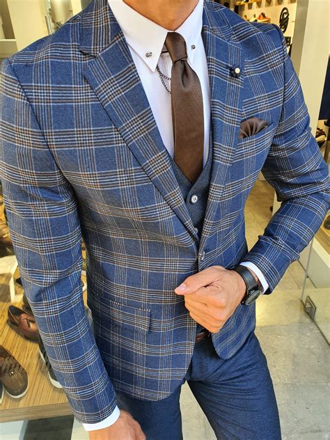 buy navy blue slim fit plaid suit by with free shipping
