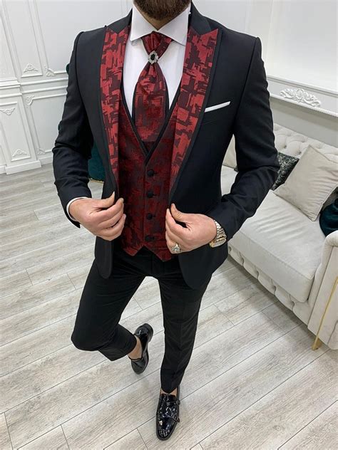 Burgundy Black Modern Fit Wedding Suit For Men By Bespokedailyshop