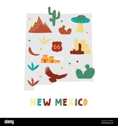 Usa Map Collection State Symbols And Nature On Gray State Silhouette New Mexico Cartoon