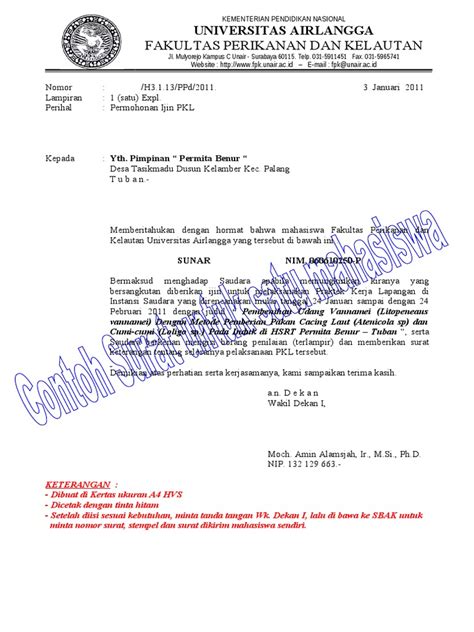 Dengan surat ini, saya bermaksud mengajukan permohonan dari jabatan dan perusahaan ibu, terhitung pada tanggal 5 april 2018. Contoh Surat Ijin PKL