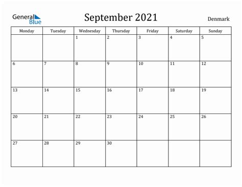 September 2021 Denmark Monthly Calendar With Holidays