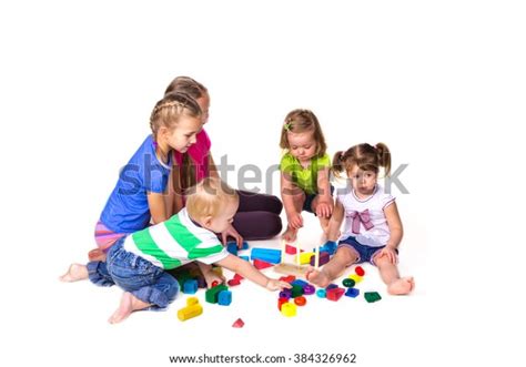 Happy Kids Playing Building Blocks Isolated Stock Photo 384326962