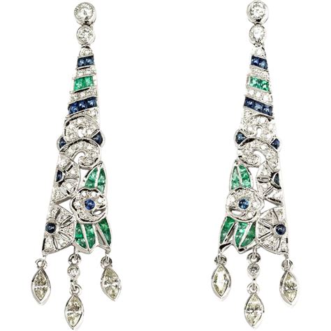 A 20s Diamonds, Emeralds and Sapphire Earrings from art1900 on RubyLUX