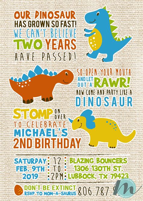 Dinosaur 2nd Birthday Invitation Birthday Invitations 2nd Birthday