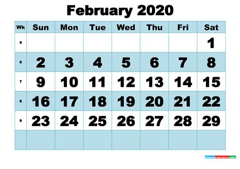 Free Printable February 2020 Calendar Word Pdf Image