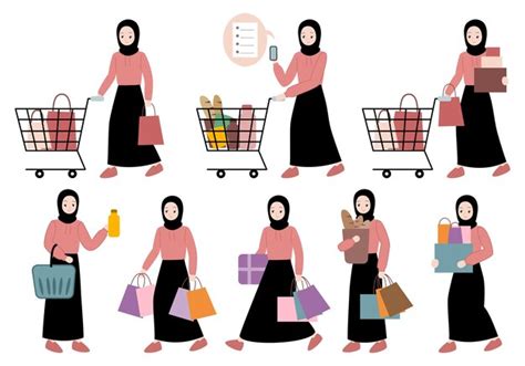 Femme Musulmane Portant Le Hijab Shopping Illustration De Caractère