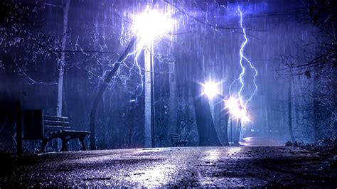 Heavy Rain Outside The Park Thunder Resounding Under The Street Lights