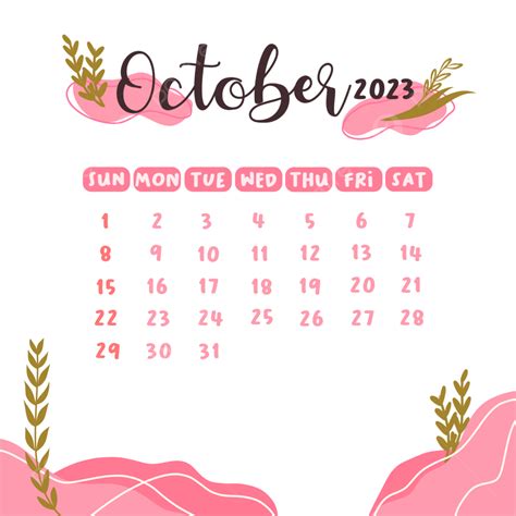 2023 October Monthly Calendar Cute Aesthetic Design Transparent