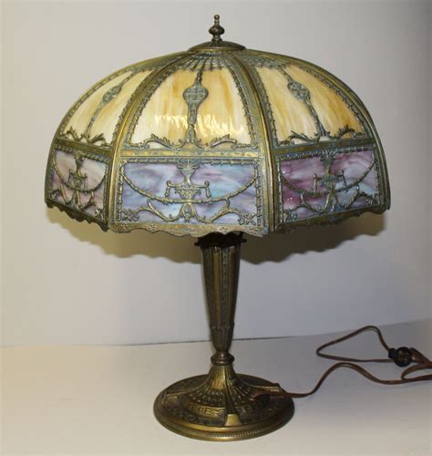 Bargain John S Antiques Antique Paneled Slag Glass Table Lamp Octagonal Divided Shade