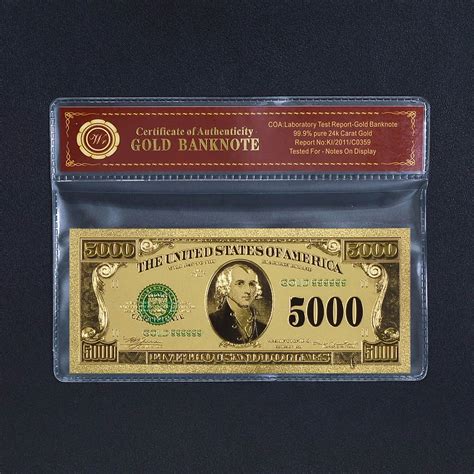 24k Gold Foil Bank Note Us 5000 Dollar Colored Gold Plated Banknote