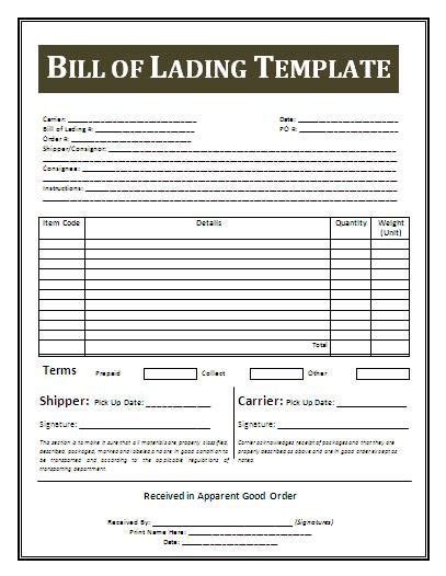 Printable Sample Bill Of Lading Terms Template